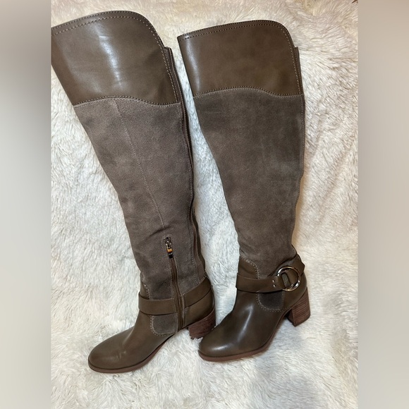 Marc Fisher Leather/Suede Wide Calf Over Knee Boots Editer Olive Taupe - Sz 8.5 - Picture 3 of 9